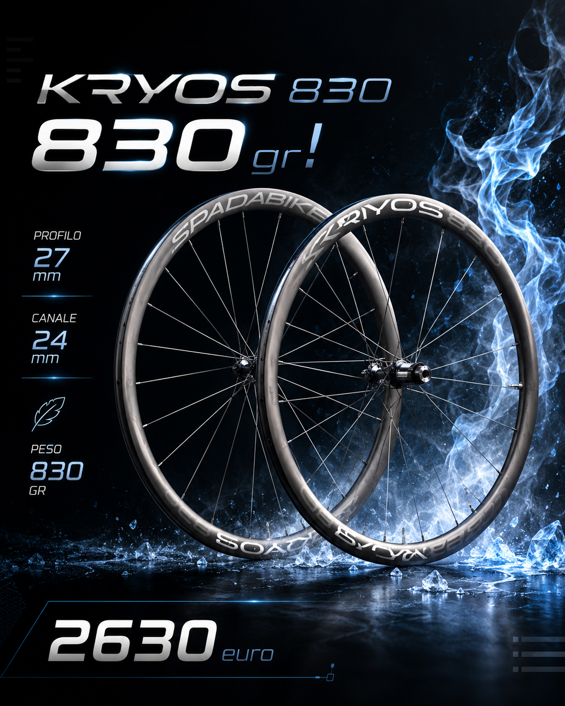 Ruote Carbon Kryos 830 Disc - 830g, Raggi Carbonio/Titanio